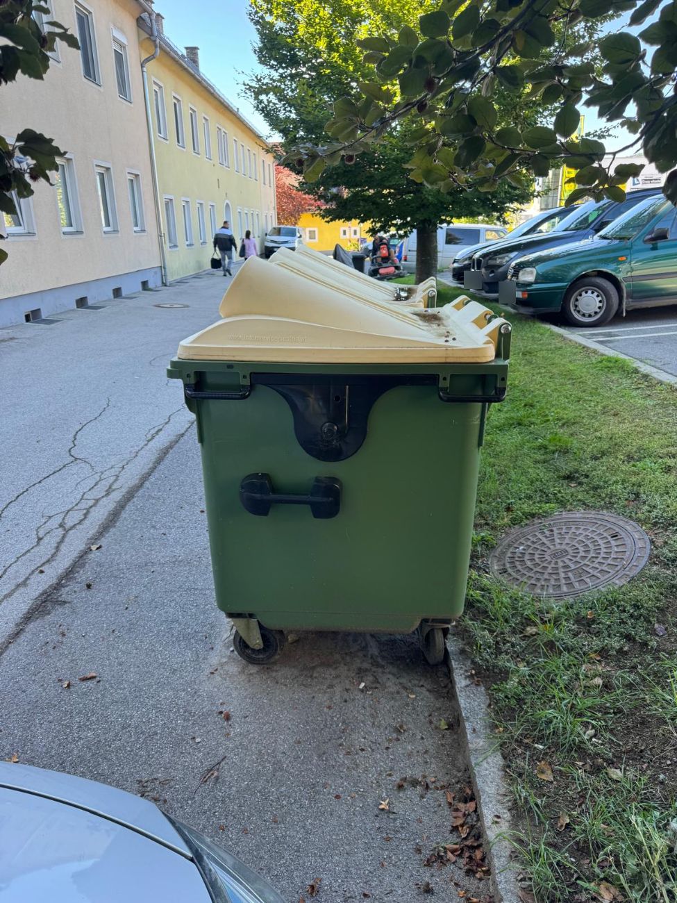 Heute: ein großer Container steht auf dem Asphalt am Randstein, dahinter weitere Tonnen.